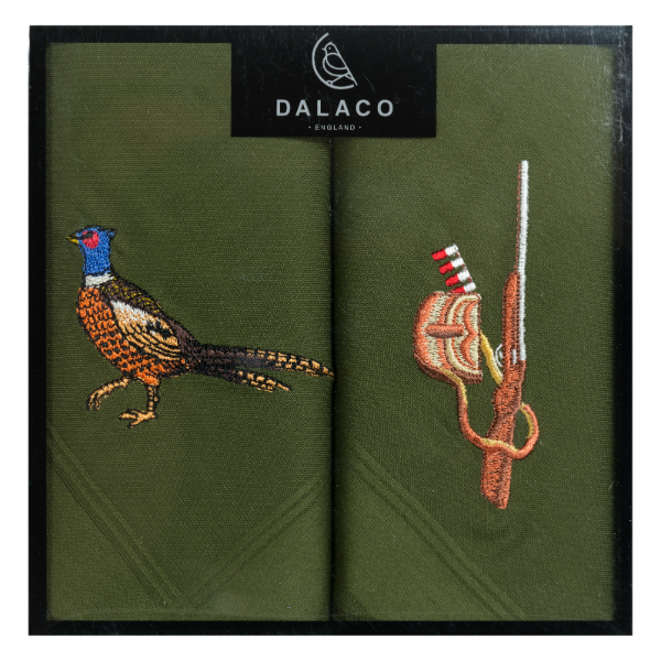 Dalaco Pheasant & Gun Embroidered Green Cotton Handkerchief